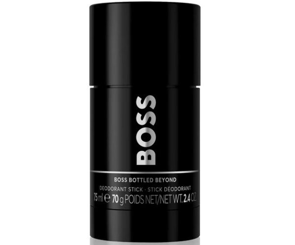 Set of 3 Hugo Boss Bottled Beyond deodorant sticks for men, each 75 ml, black cylindrical packaging with silver and white text.