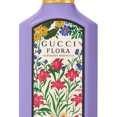 A 100ml lavender bottle of Gucci Flora Gorgeous Magnolia Eau de Parfum for Women with a gold cap and floral label design.