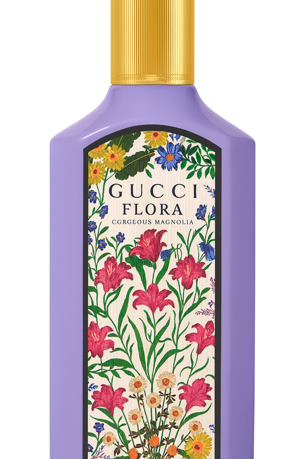 A 100ml lavender bottle of Gucci Flora Gorgeous Magnolia Eau de Parfum for Women with a gold cap and floral label design.