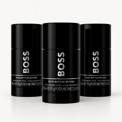 Three Hugo Boss Bottled Beyond Men’s deodorant sticks (3x 75ml) are arranged in a row on a white background.