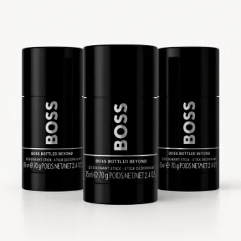 Three Hugo Boss Bottled Beyond Men’s deodorant sticks (3x 75ml) are arranged in a row on a white background.