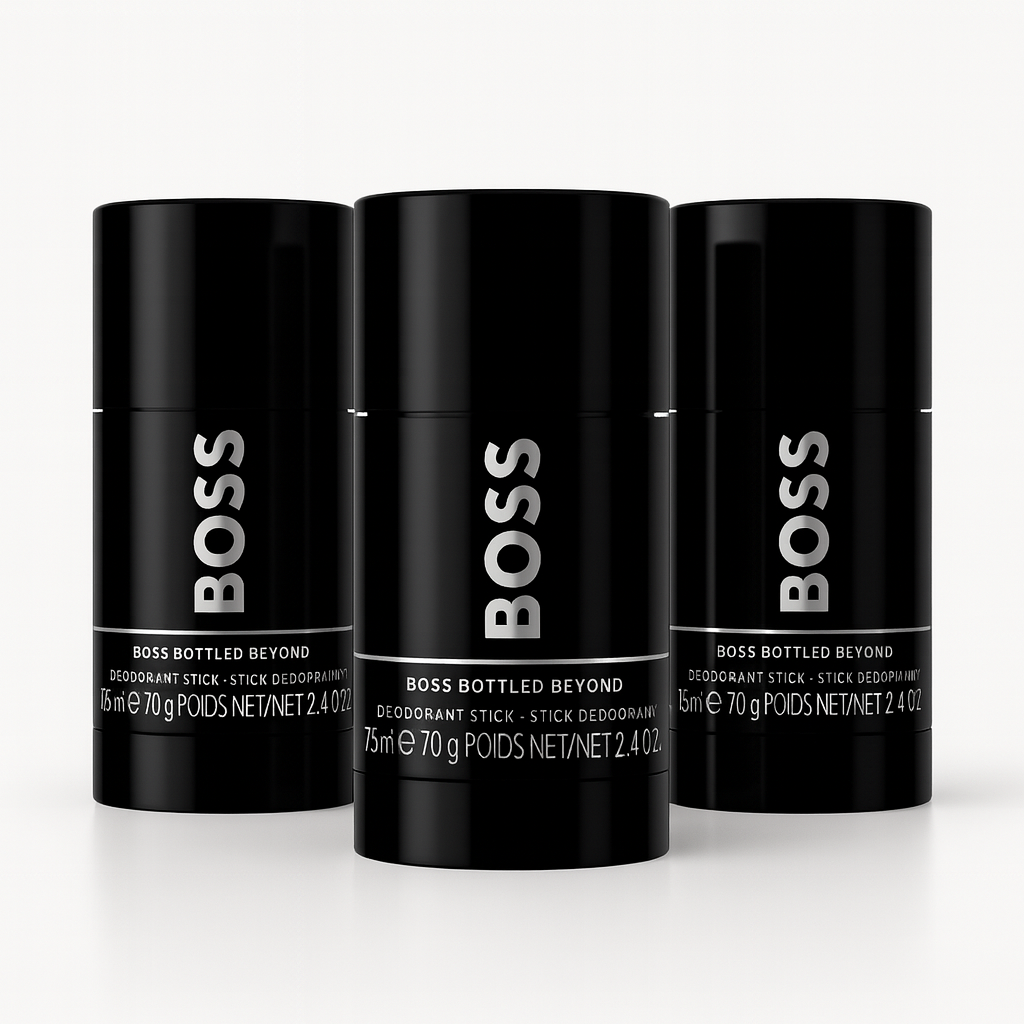 Three Hugo Boss Bottled Beyond Men’s deodorant sticks (3x 75ml) are arranged in a row on a white background.