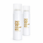 Two white cylindrical cans of Carolina Herrera 212 VIP Deodorant Spray for Women (150ml each) are shown against a white background, featuring gold "212 VIP DEODORANT NYC" lettering.