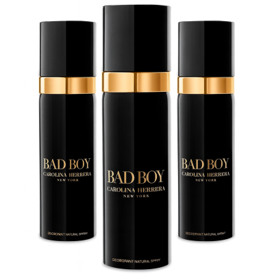 Three cans of Carolina Herrera Bad Boy Deodorant Spray for Men, 100ml each, are arranged side by side against a white background.
