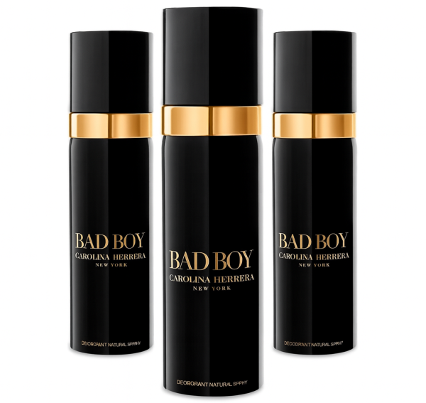 Three cans of Carolina Herrera Bad Boy Deodorant Spray for Men, 100ml each, are arranged side by side against a white background. Three cans of Carolina Herrera Bad Boy Deodorant Spray for Men, 100ml each, are arranged side by side against a white background.