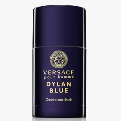 A set of three Versace Pour Homme Dylan Blue Deodorant Sticks (75ml each) in dark blue cylindrical containers with gold text and logo on the front.