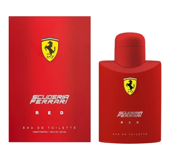 A 125ml Ferrari Scuderia Ferrari Red Eau de Toilette Spray in a red box and matching red bottle, both displaying the Ferrari logo and white text. A 125ml Ferrari Scuderia Ferrari Red Eau de Toilette Spray in a red box and matching red bottle, both displaying the Ferrari logo and white text.