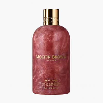 Two bottles of Molton Brown Rose Dunes Bath & Shower Gel 300ml for unisex use, each featuring a marbled pink design with a gold cap and "Made in England" label.