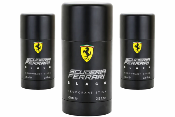 Three 75ml Ferrari Scuderia Ferrari Black Deodorant Sticks, each upright with the iconic Ferrari logo on the front.