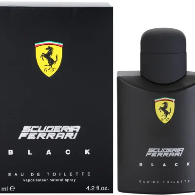 A black bottle of Ferrari Scuderia Ferrari Black Mens EDT, 125ml, is displayed beside its matching black box featuring the Ferrari logo and product details.