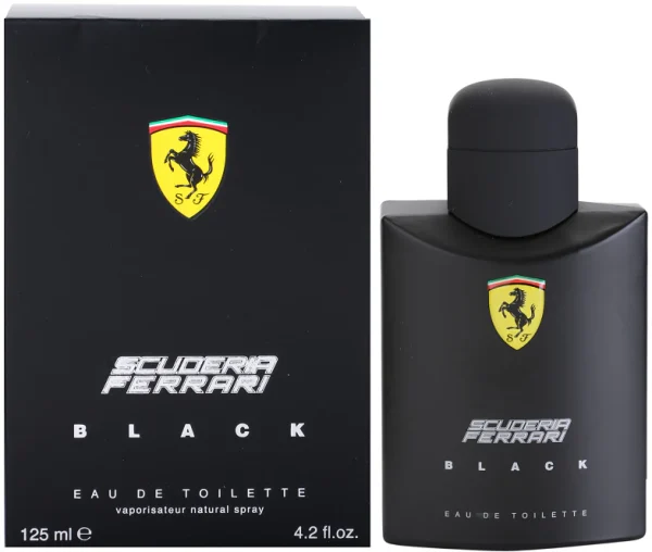 A black bottle of Ferrari Scuderia Ferrari Black Mens EDT, 125ml, is displayed beside its matching black box featuring the Ferrari logo and product details.