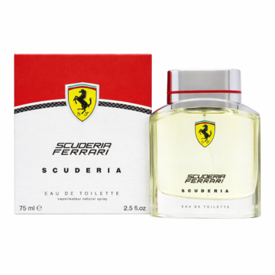 A bottle of Ferrari Scuderia Eau de Toilette Spray for Men 75ml is displayed beside its red and white box, both adorned with the Ferrari logo.