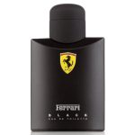 A black rectangular bottle of Ferrari Scuderia Ferrari Black Mens EDT, 125ml, featuring the yellow Ferrari logo and white text on the front.