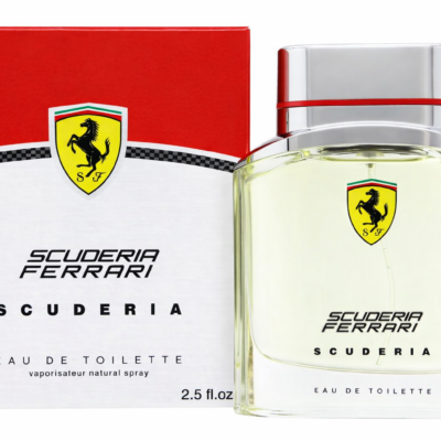 A bottle of Ferrari Scuderia Eau de Toilette Spray for Men 75ml is shown beside its red and white box, featuring the Ferrari logo and product name.