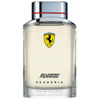 A 75ml clear glass bottle of Ferrari Scuderia Eau de Toilette Spray for Men, featuring the iconic Ferrari logo and a metallic silver cap.