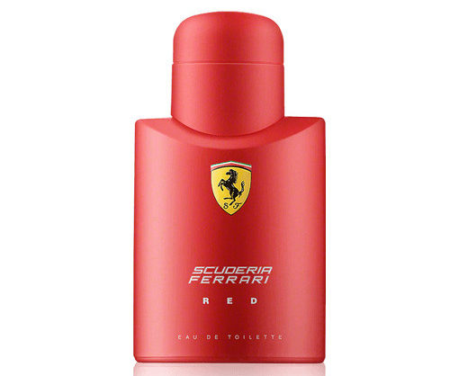 A 125ml bottle of Ferrari Scuderia Ferrari Red Eau de Toilette Spray in red, featuring the Ferrari logo and white text on the front.