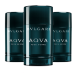 Three 75g Bvlgari Aqva Pour Homme deodorant sticks for men are arranged in a row, with the center stick in sharp focus and the others softly blurred behind.