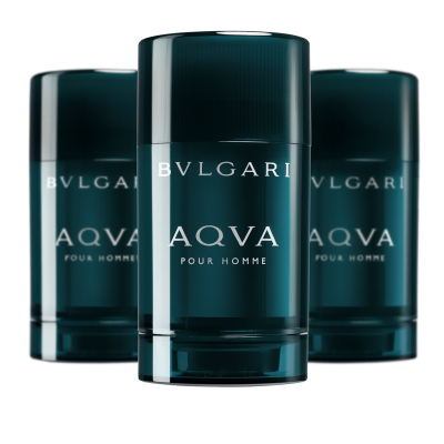 Three 75g Bvlgari Aqva Pour Homme deodorant sticks for men are arranged in a row, with the center stick in sharp focus and the others softly blurred behind.