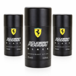 Three 75ml sticks of Ferrari Scuderia Ferrari Black deodorant are arranged, with one in front and two behind, on a white background.