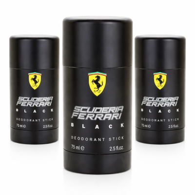 Three 75ml sticks of Ferrari Scuderia Ferrari Black deodorant are arranged, with one in front and two behind, on a white background.