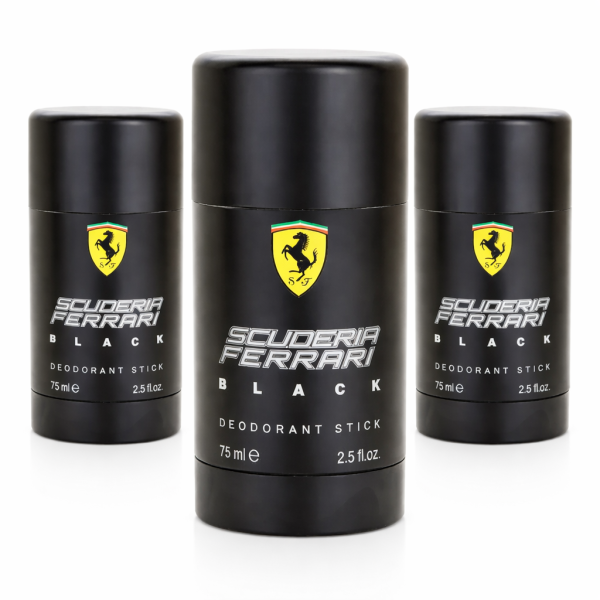 Three 75ml sticks of Ferrari Scuderia Ferrari Black deodorant are arranged, with one in front and two behind, on a white background. Three 75ml sticks of Ferrari Scuderia Ferrari Black deodorant are arranged, with one in front and two behind, on a white background.
