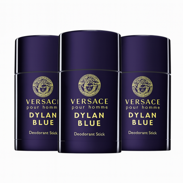 Three 75ml Versace Pour Homme Dylan Blue Deodorant Sticks are shown side by side in navy blue packaging with gold lettering, set against a white background.