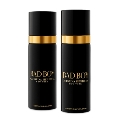 Three black spray bottles of Carolina Herrera Bad Boy Deodorant Spray for Men, 100ml, with gold accents and white text, are standing upright side by side on a white background.