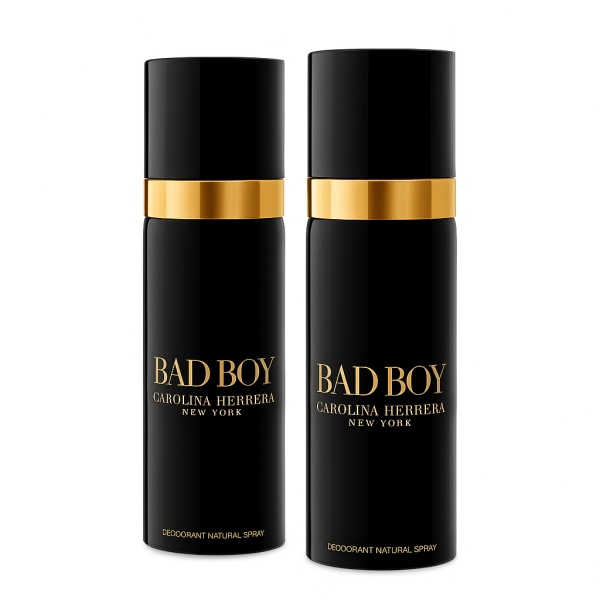 Three black spray bottles of Carolina Herrera Bad Boy Deodorant Spray for Men, 100ml, with gold accents and white text, are standing upright side by side on a white background. Three black spray bottles of Carolina Herrera Bad Boy Deodorant Spray for Men, 100ml, with gold accents and white text, are standing upright side by side on a white background.