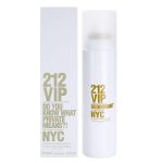 Two white bottles of Carolina Herrera 212 VIP Deodorant Spray for Women, 150ml, are displayed alongside their matching boxes, each featuring gold and gray text.