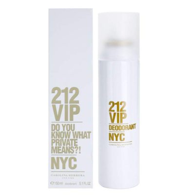 Two white bottles of Carolina Herrera 212 VIP Deodorant Spray for Women, 150ml, are displayed alongside their matching boxes, each featuring gold and gray text.