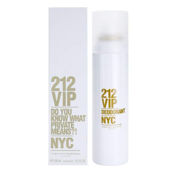 Two white bottles of Carolina Herrera 212 VIP Deodorant Spray for Women, 150ml, are displayed alongside their matching boxes, each featuring gold and gray text.