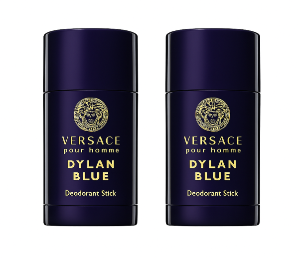 Two 75ml Versace Pour Homme Dylan Blue Deodorant Sticks are displayed side by side against a white background. Two 75ml Versace Pour Homme Dylan Blue Deodorant Sticks are displayed side by side against a white background.