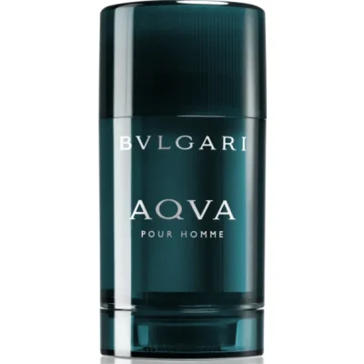 Three teal cylindrical sticks of Bvlgari Aqva Pour Homme deodorant for men, 75g each, with white lettering, arranged upright on a white background.