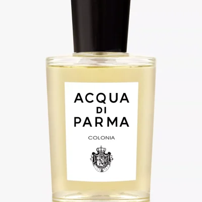 A clear glass bottle of Acqua di Parma Colonia Eau de Cologne 100ml Spray, Unisex, featuring a black cap, white label, and black text.