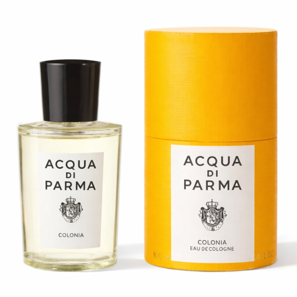 A bottle of Acqua di Parma Colonia Eau de Cologne 100ml Spray, Unisex, with a black cap is displayed beside its cylindrical yellow box.