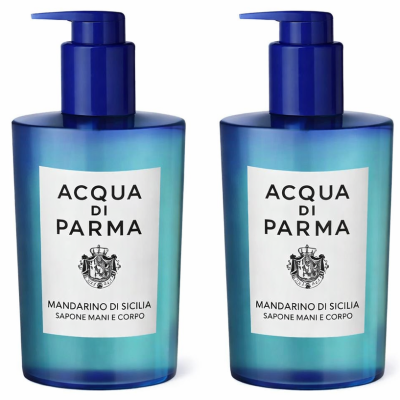Two Acqua Di Parma Blu Mediterraneo Mandarino Di Sicilia Hand and Body Wash 300ml bottles are displayed side by side against a white background.