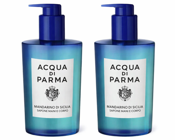 Two Acqua Di Parma Blu Mediterraneo Mandarino Di Sicilia Hand and Body Wash 300ml bottles are displayed side by side against a white background.
