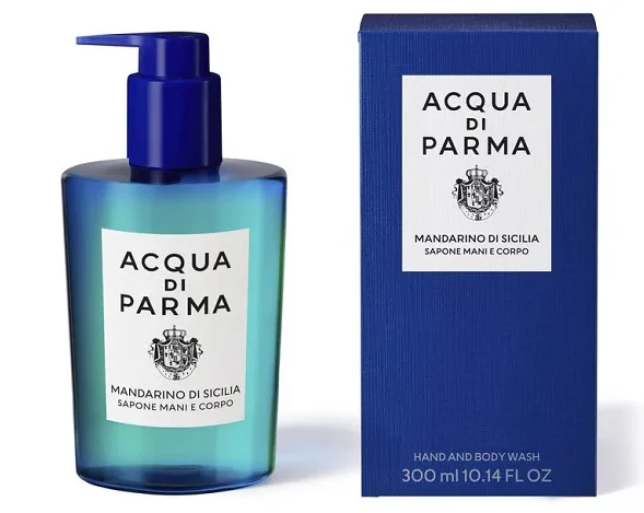 Two bottles of Acqua di Parma Blu Mediterraneo Mandarino di Sicilia Hand and Body Wash, 300ml each, in blue and green gradient packaging.