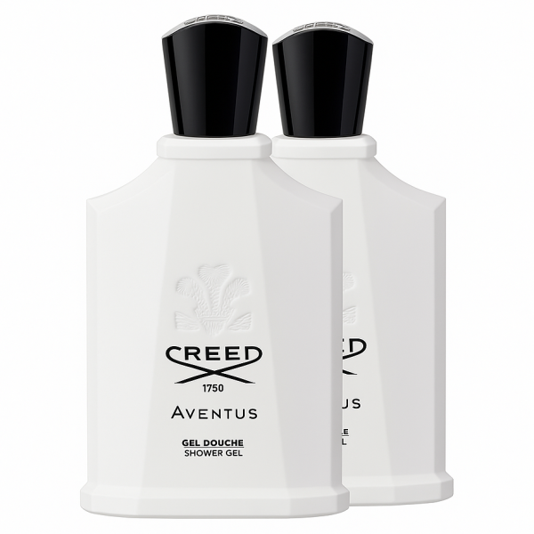 Two bottles of Creed Aventus for Her Shower Gel 200ml, each with a white body, black cap, and front logo, are positioned side by side on a white background.