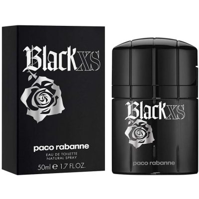 A 50ml bottle of Paco Rabanne Black XS EDT Spray for Men is displayed beside its black box, both adorned with a silver rose and white text.