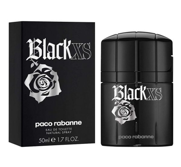 A 50ml bottle of Paco Rabanne Black XS EDT Spray for Men is displayed beside its black box, both adorned with a silver rose and white text.