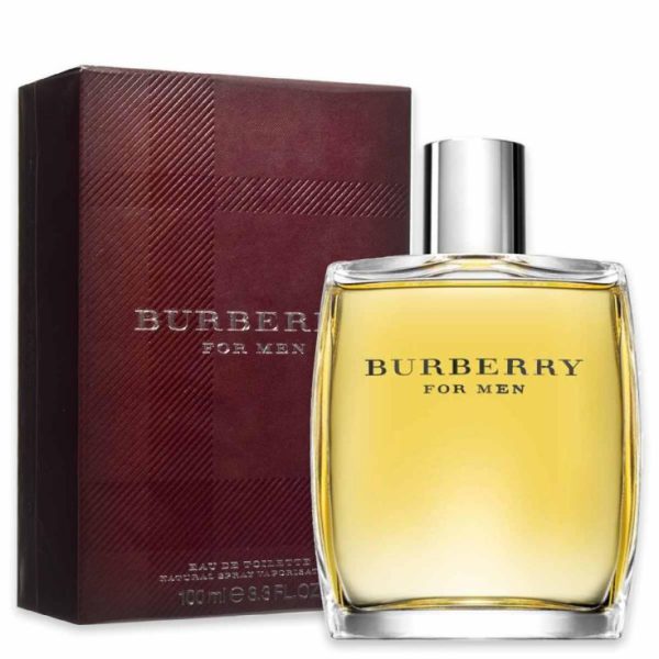 A bottle of Burberry for Men Eau de Toilette Spray, 100ml, is displayed beside its maroon and silver packaging box.