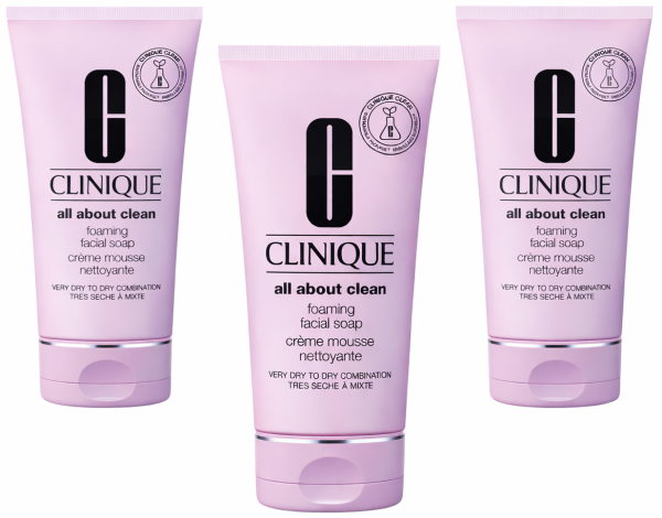 Three tubes of 3x Clinique Foaming Sonic Facial Soap 150ml are displayed upright against a white background.