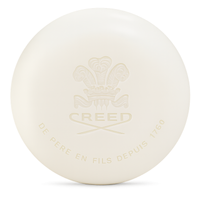 A set of two round, white Creed Aventus Millesime soap bars for men (150g each), embossed with the Creed logo and "DE PERE EN FILS DEPUIS 1760.
