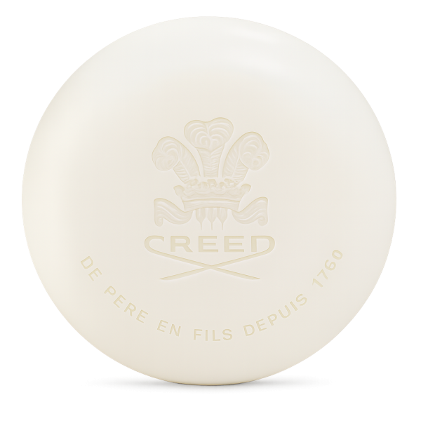 A set of two round, white Creed Aventus Millesime soap bars for men (150g each), embossed with the Creed logo and "DE PERE EN FILS DEPUIS 1760.