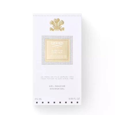 A set of two white boxes of Creed Aventus for Her Shower Gel, each 200ml (6.66 fl. oz.), featuring gold accents and text.