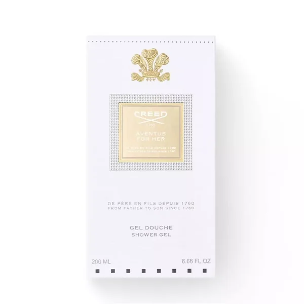 A set of two white boxes of Creed Aventus for Her Shower Gel, each 200ml (6.66 fl. oz.), featuring gold accents and text.