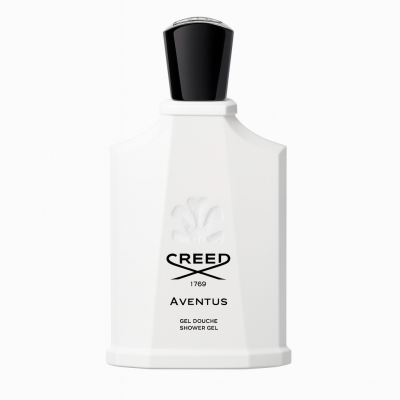Two white bottles of Creed Aventus for Her Shower Gel (200ml each) with black caps and embossed logos on the front.