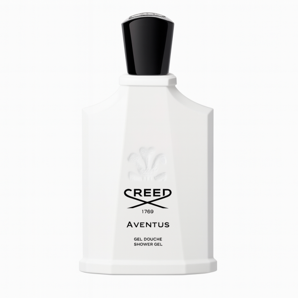 Two white bottles of Creed Aventus for Her Shower Gel (200ml each) with black caps and embossed logos on the front.