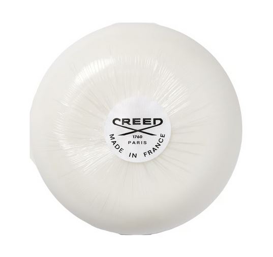 Round white soap bar labeled "CREED 1760 PARIS MADE IN FRANCE." Product: 2x Creed Aventus Millesime Bar of Soap for Men, 150g.